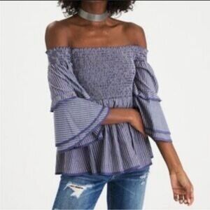 American Eagle Blue and White Smocked Off-the-Shoulder Blouse